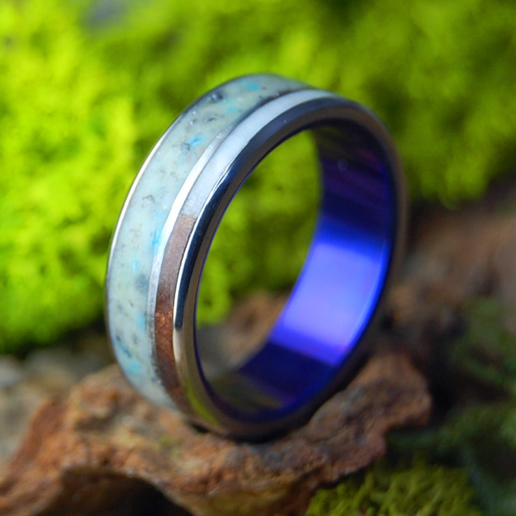 23 VOLTS | Men's Crushed Meteorite & Moose, Redwood, Sand, Turquoise & Titanium Wedding Ring - Minter and Richter Designs