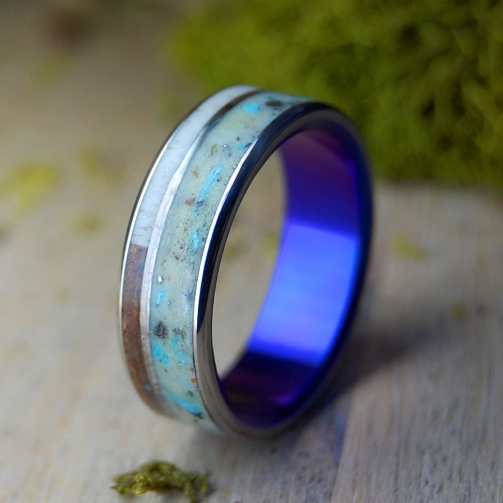 23 VOLTS | Men's Crushed Meteorite & Moose, Redwood, Sand, Turquoise & Titanium Wedding Ring - Minter and Richter Designs