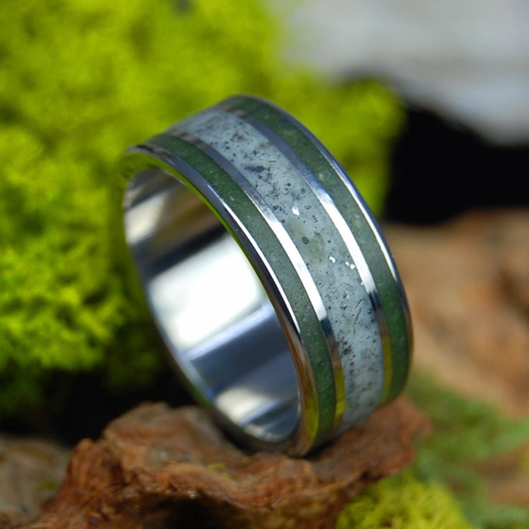 Blue Hills of Connemara | Men's Crushed Meteorite, Connemara Marble & Inox Steel Wedding Ring - Minter and Richter Designs