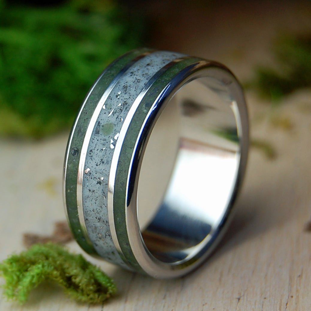 Blue Hills of Connemara | Men's Crushed Meteorite, Connemara Marble & Inox Steel Wedding Ring - Minter and Richter Designs