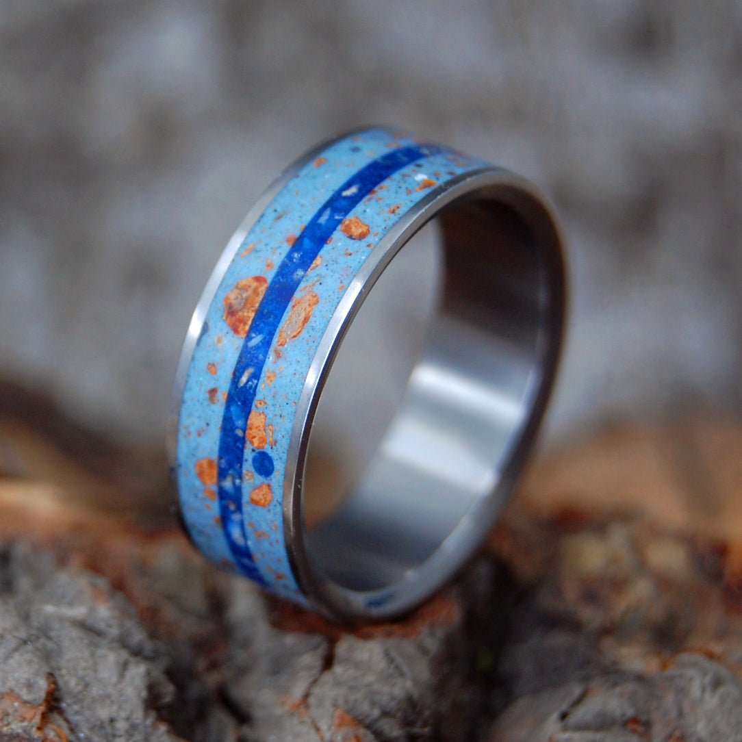 Blue Skies At Fenway Pahk | Men's Pitchers Mound Dirt, Beach Sand & Titanium Wedding Ring - Minter and Richter Designs