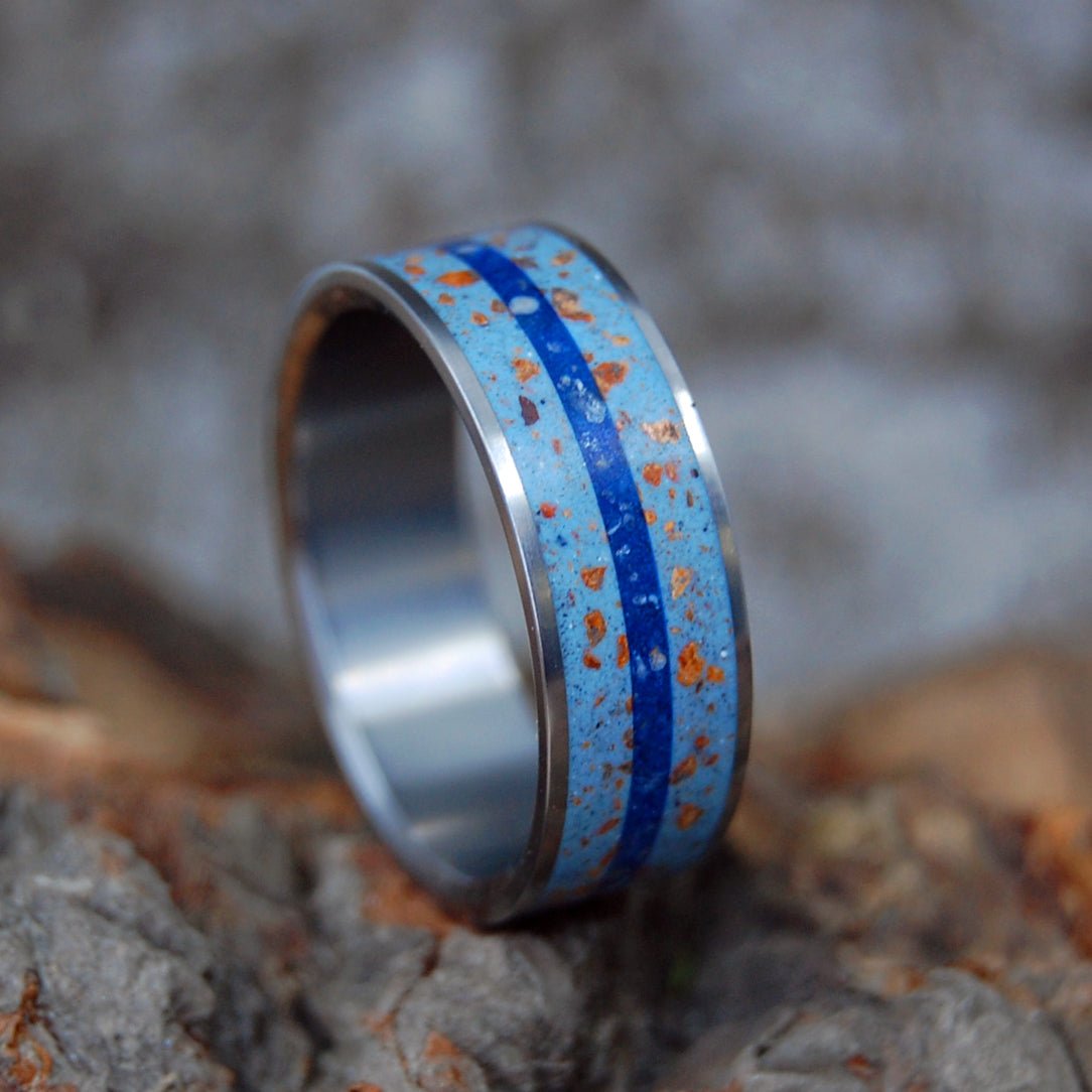 Blue Skies At Fenway Pahk | Men's Pitchers Mound Dirt, Beach Sand & Titanium Wedding Ring - Minter and Richter Designs