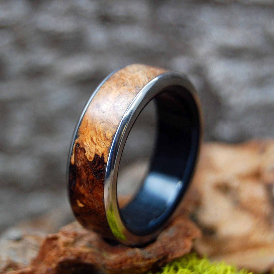 Freedom In Strength | Men's Black Onyx Stone, Spalted Maple Wood & Titanium Wedding Ring - Minter and Richter Designs