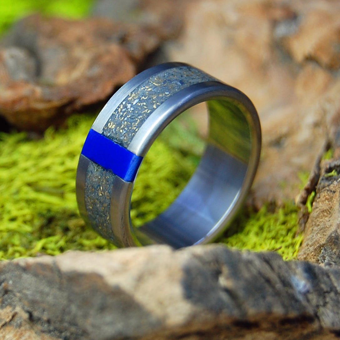 Space Blast | Men's Crushed Meteorite & Gold, Lapis Stone & Titanium Wedding Ring - Minter and Richter Designs