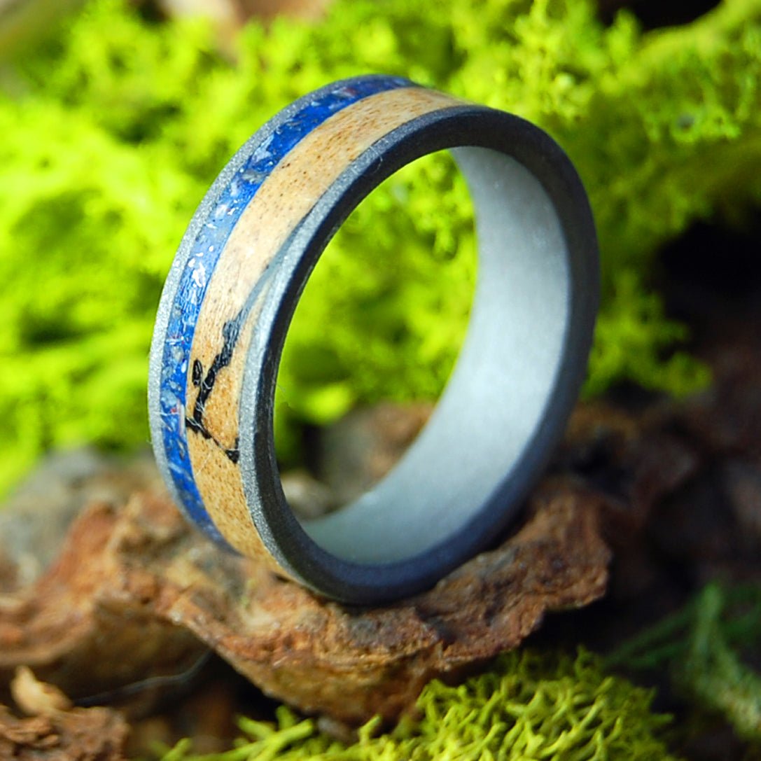 Spalted Dino Meteorite | Spalted Maple, Dinosaur Teeth & Crushed Meteorite - Unique Wedding Ring - Minter and Richter Designs