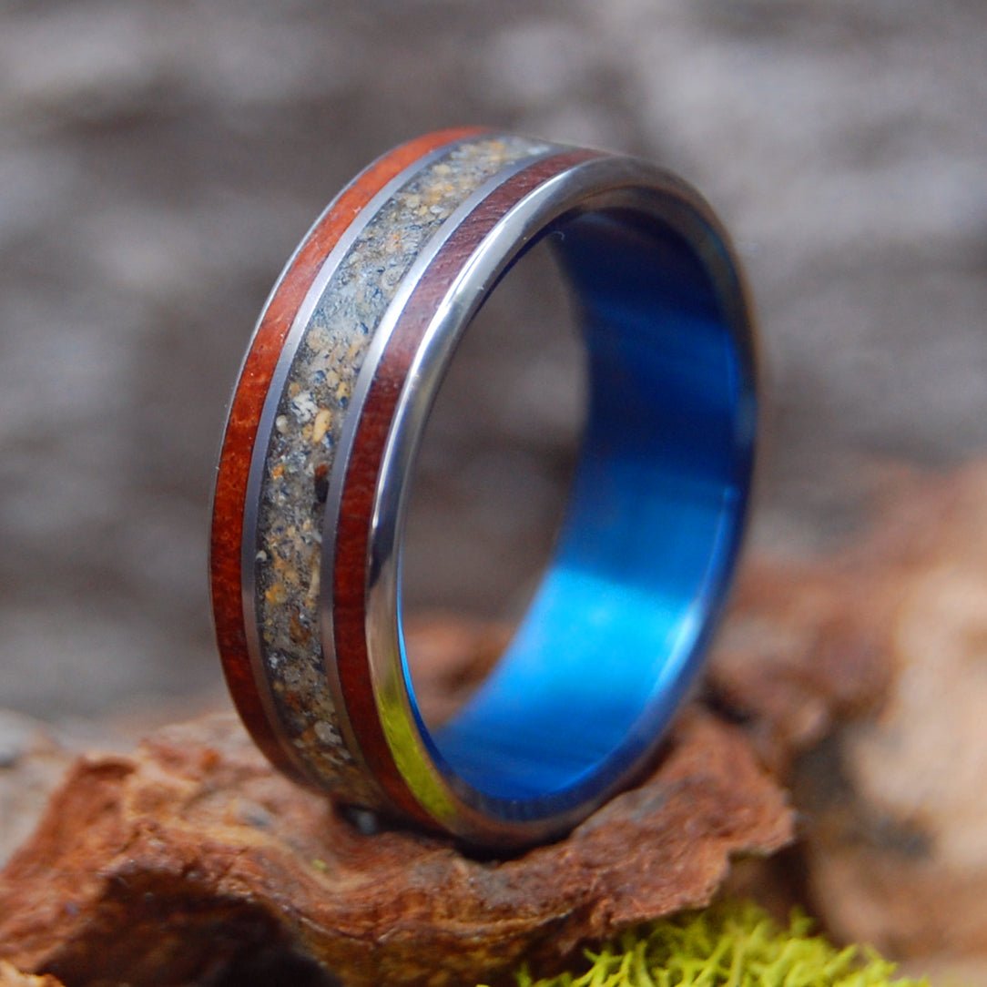 Wood And Beach Blue | Men's Amboyna Burl, Beach Sand & Titanium Wedding Ring - Minter and Richter Designs