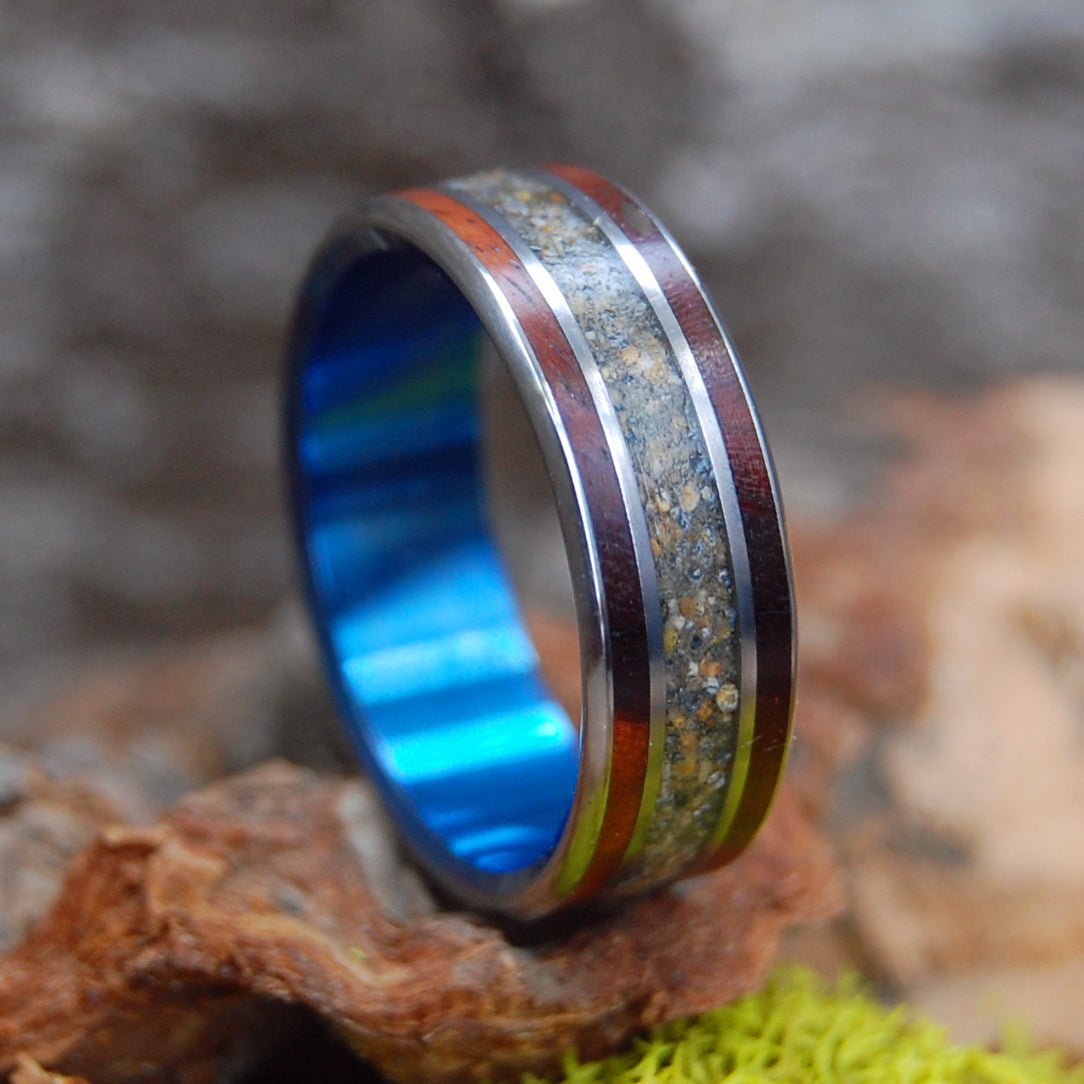 Wood And Beach Blue | Men's Amboyna Burl, Beach Sand & Titanium Wedding Ring - Minter and Richter Designs