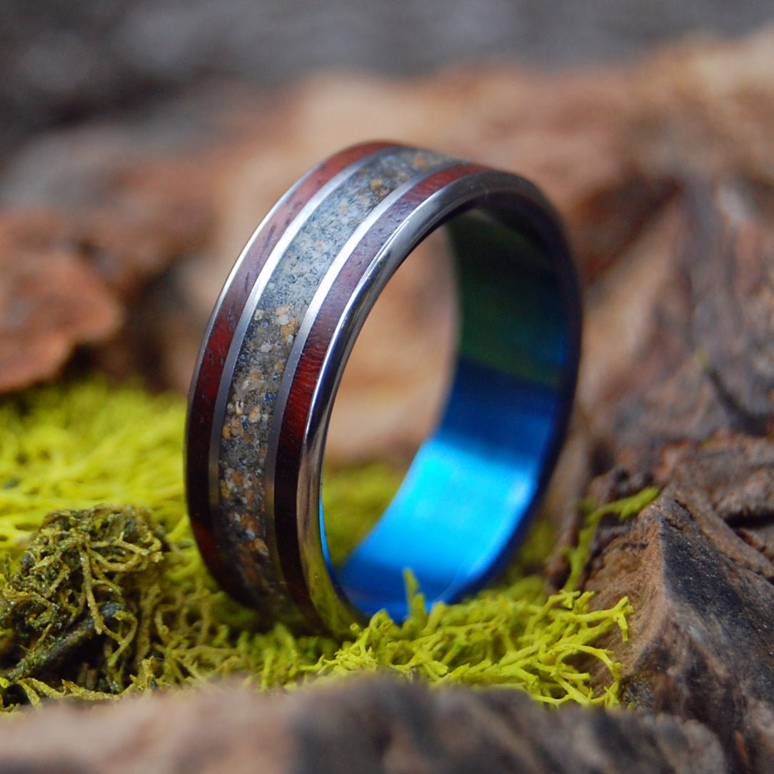 Wood And Beach Blue | Men's Amboyna Burl, Beach Sand & Titanium Wedding Ring - Minter and Richter Designs